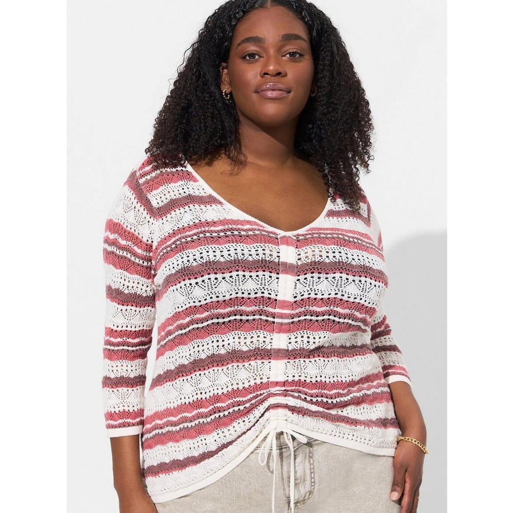 Torrid Open Stitch Pullover V Neck Cinched Front Sweater Pink Stripe 4X